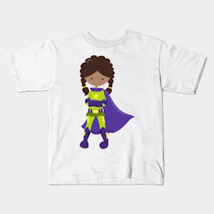 African American Girl, Superhero Girl, Purple Cape Kids T-Shirt